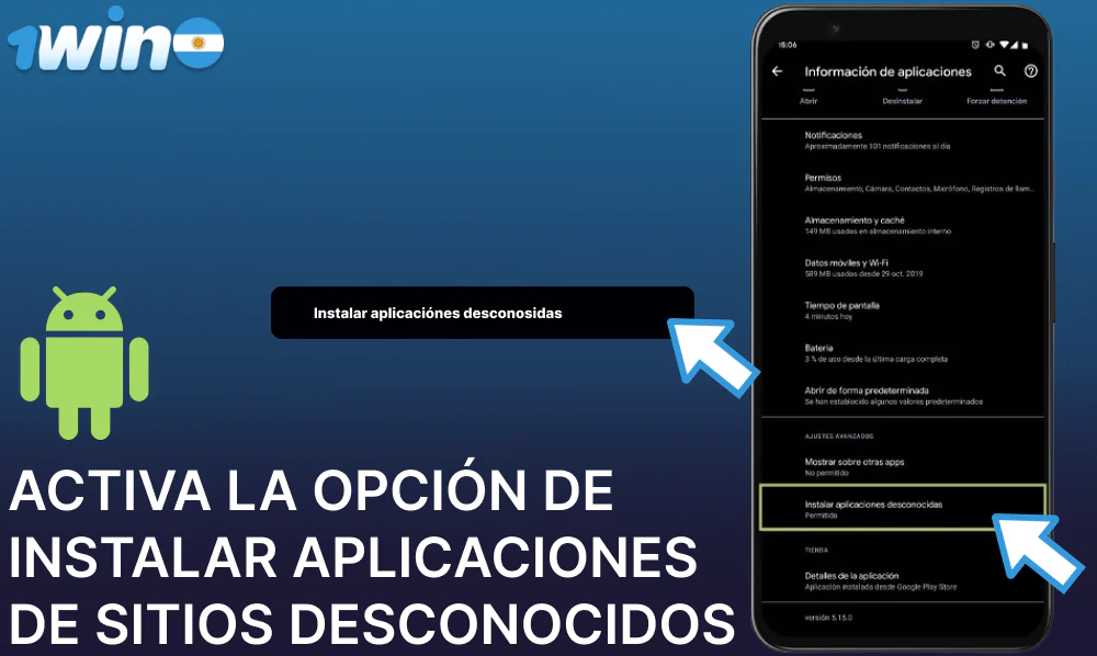 Activa la opción de instalar aplicaciones de sitios desconocidos para instalar la aplicación 1win