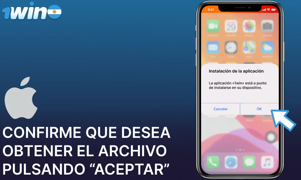 Confirme que desea obtener el archivo 1win pulsando “Aceptar”