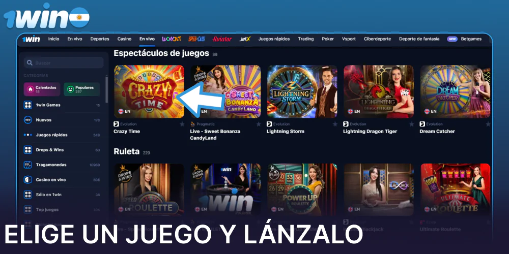 Elige un juego y lánzalo en 1win