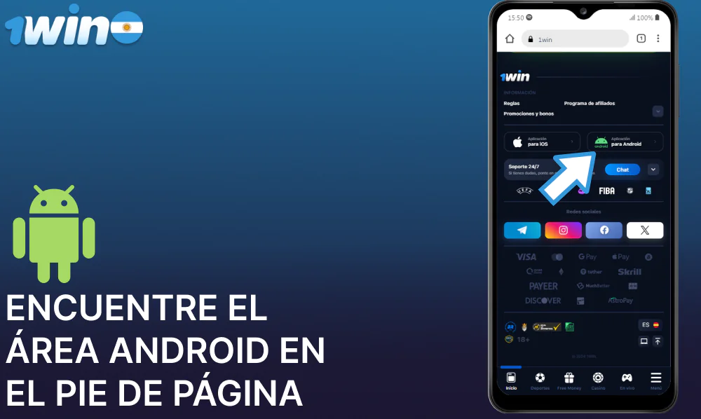 Encuentre el área Android en el pie de página en 1win