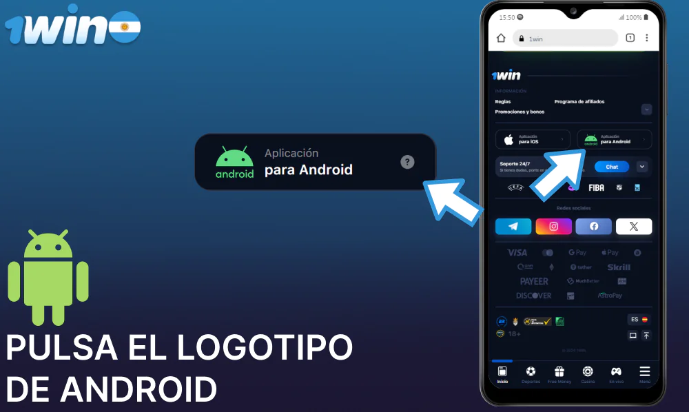 Pulsa el logotipo de Android en 1win