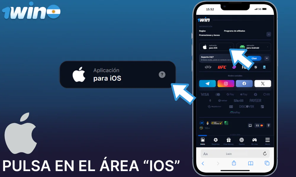 Pulsa en el área “iOS” para instalar la aplicación 1win
